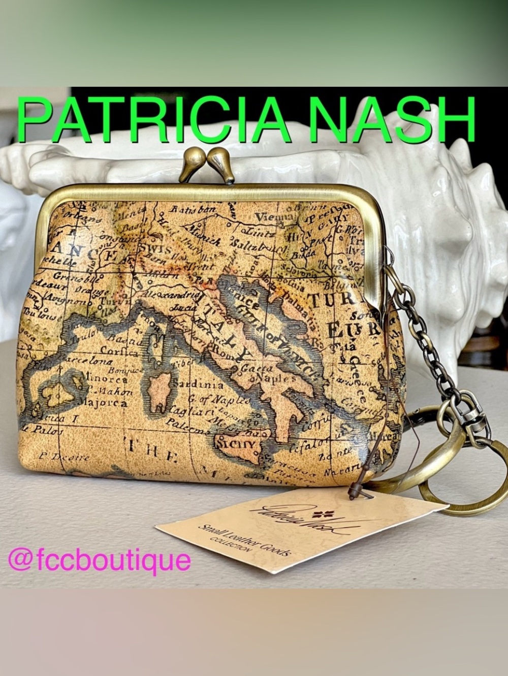 PATRICIA NASH European Map Print Large Borse wallet w/ key chain rings